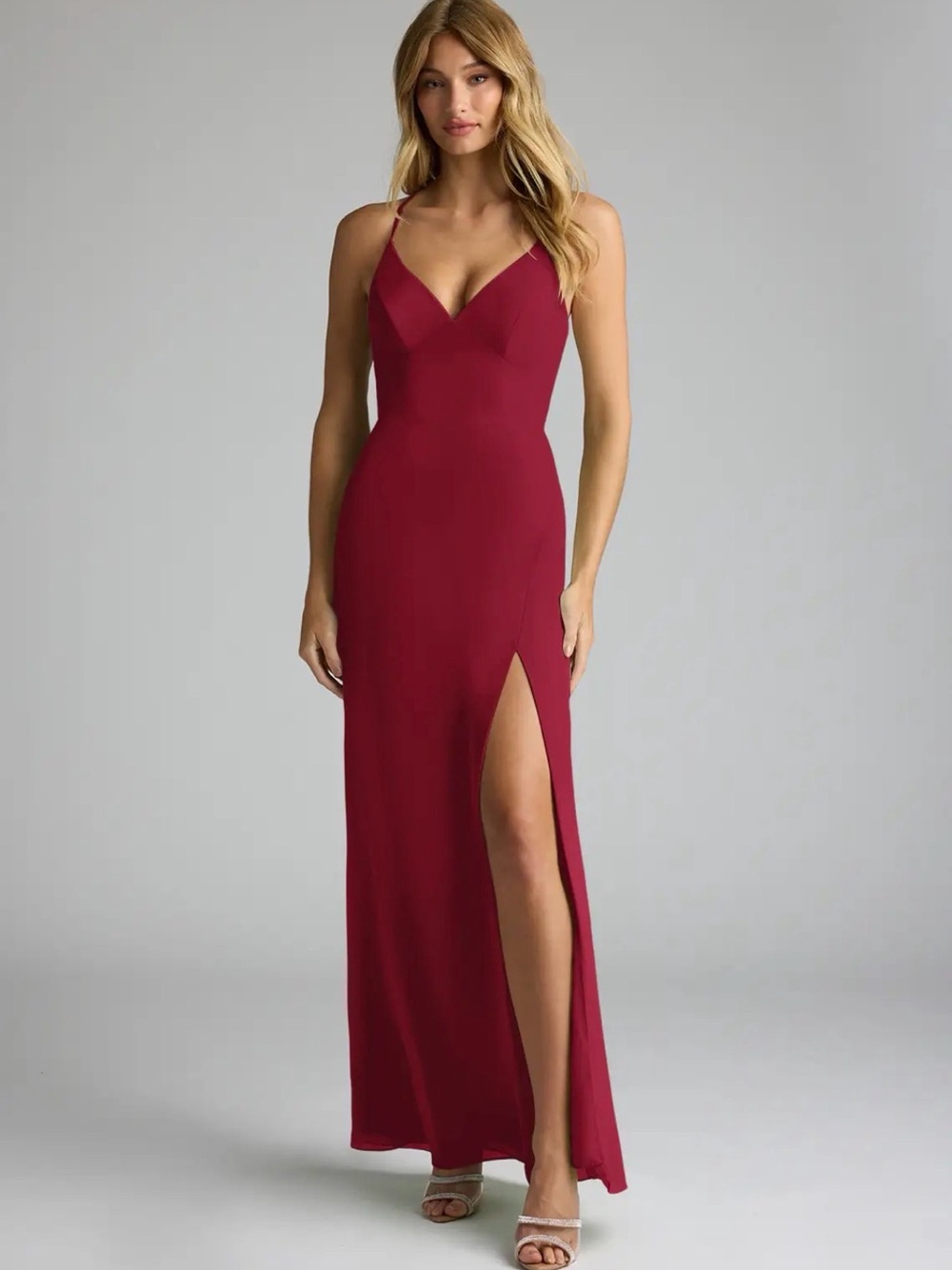 Azazie Burgundy Spaghetti-Strap Maxi Dress with Thigh Slit